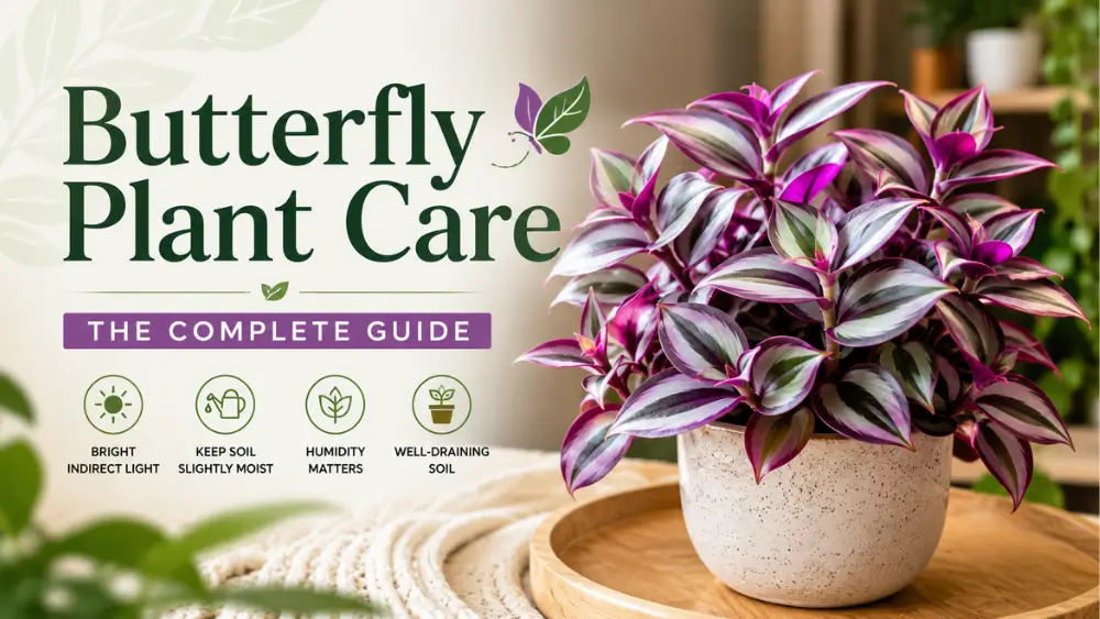 Butterfly Plant Care guide banner with healthy Tradescantia, care tips, and vibrant indoor foliage