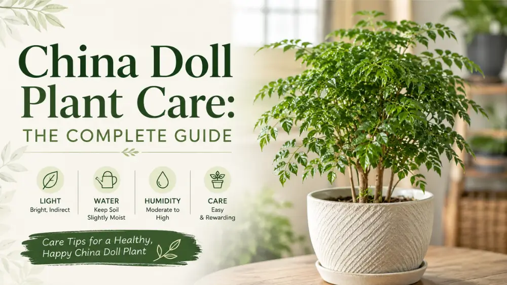 Healthy China Doll plant in a white pot with complete care guide for light, watering, humidity tips