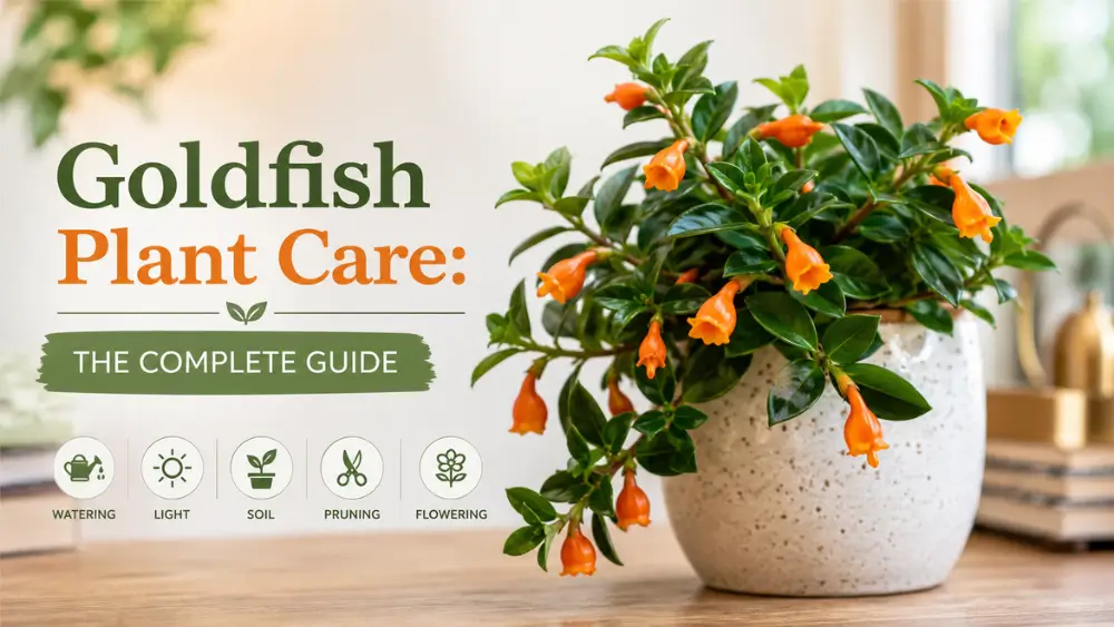 Goldfish Plant care guide with blooming orange flowers in pot, indoor houseplant featured image