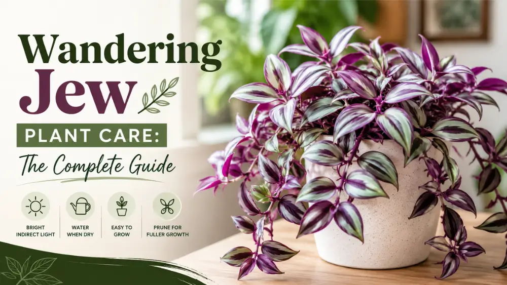 Healthy Wandering Jew plant in white pot indoors with lush purple foliage, complete care guide image