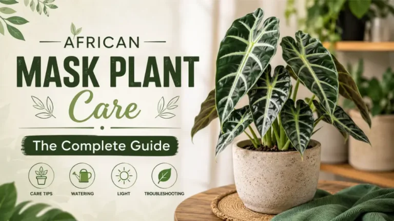 African Mask Plant care guide featuring a healthy Alocasia with dark green leaves.