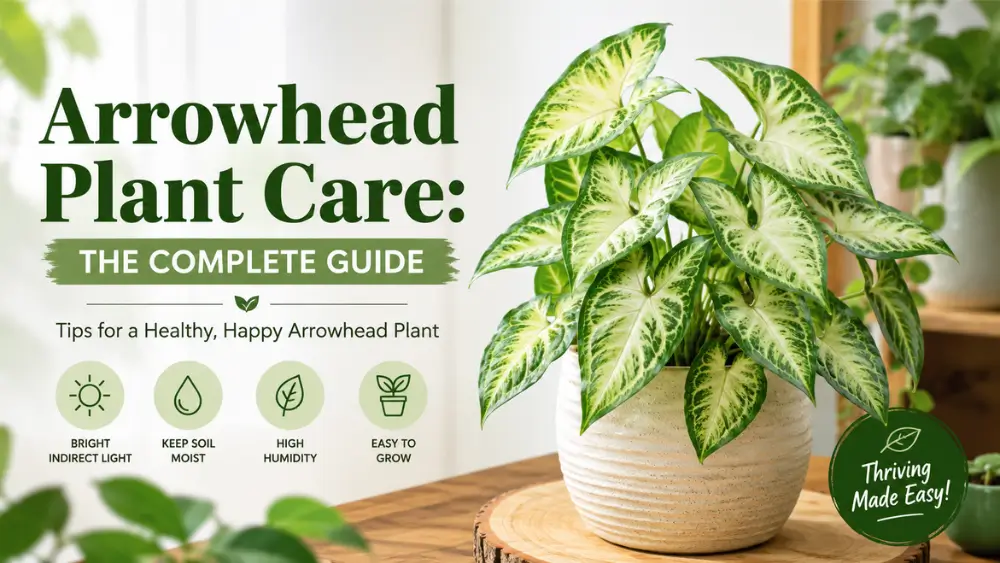 Arrowhead plant care guide featuring a lush Syngonium plant indoors.