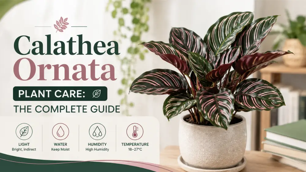 Calathea Ornata plant care guide featuring healthy pinstripe plant with light, water, humidity tips