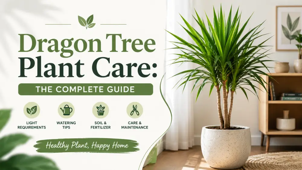 Dragon Tree plant care guide featuring a healthy Dracaena in a bright indoor setting.