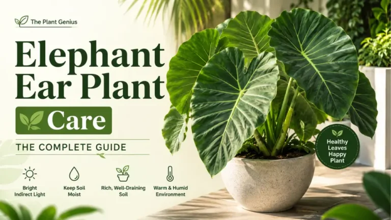 Elephant Ear plant with large green leaves in a pot, showcasing complete plant care.