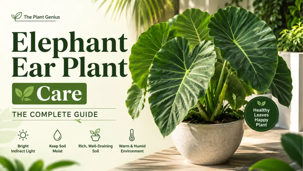 Elephant Ear plant with large green leaves in a pot, showcasing complete plant care.