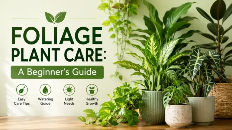 Foliage plant care guide with lush indoor plants, watering, light, and healthy growth tips