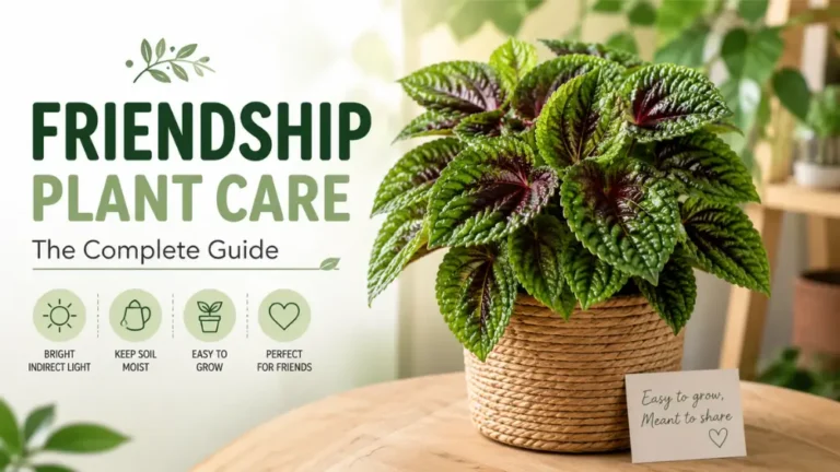 Friendship plant care guide featuring a lush Pilea involucrata in a woven pot