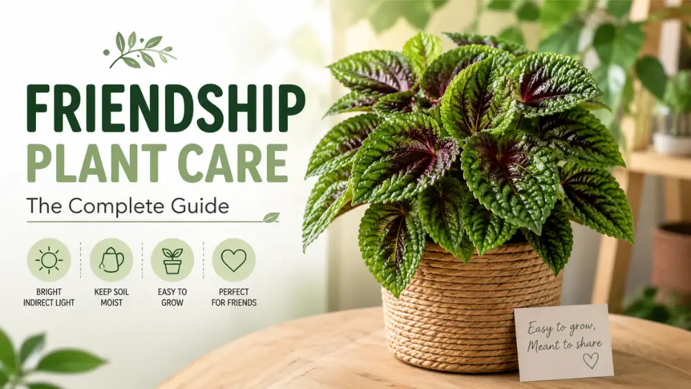 Friendship plant care guide featuring a lush Pilea involucrata in a woven pot
