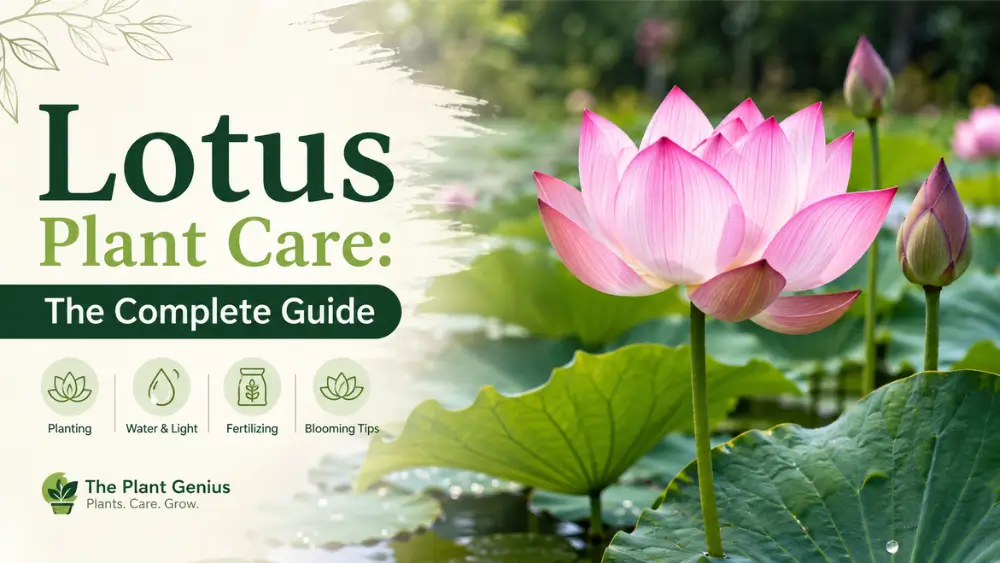 Pink lotus flower blooming in pond with lush green leaves, illustrating complete lotus plant care guide