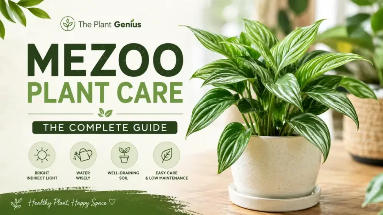 Mezoo plant care guide featuring a healthy Mezoo plant with striped green leaves.