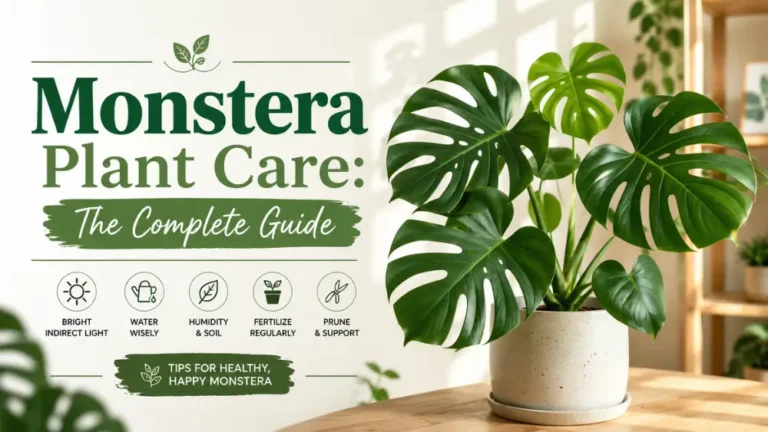 Monstera plant care guide featuring a healthy Monstera deliciosa indoors