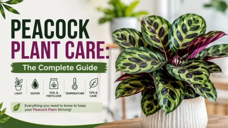 Peacock plant care guide featuring a vibrant Calathea peacock plant in a decorative pot