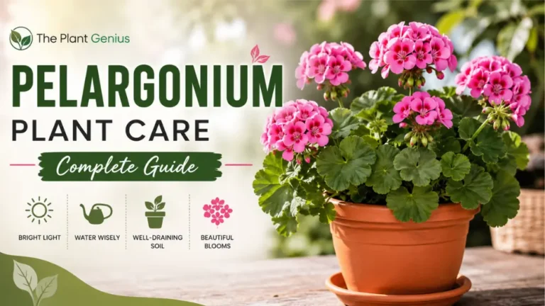Pink Pelargonium plant in terracotta pot with lush green leaves and vibrant blooms.
