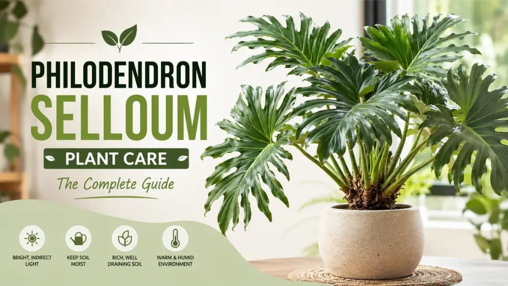 Philodendron Selloum plant care guide featuring a lush tropical plant in a pot.