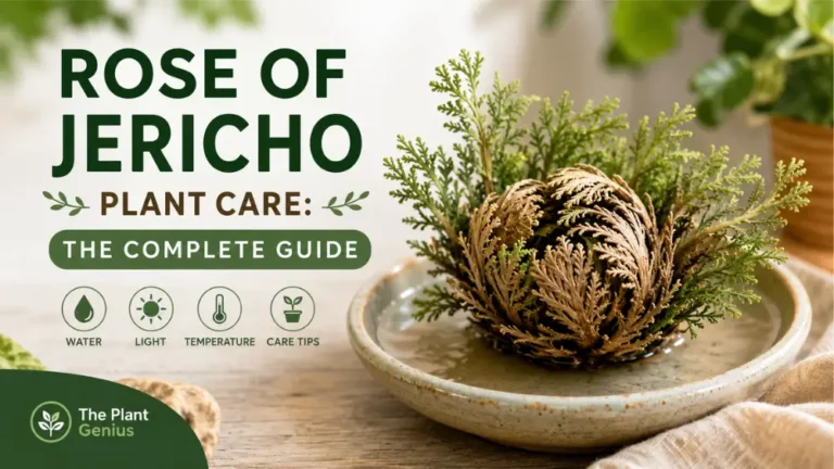 Rose of Jericho plant care guide with revived plant in water, covering light, watering, and temperature.