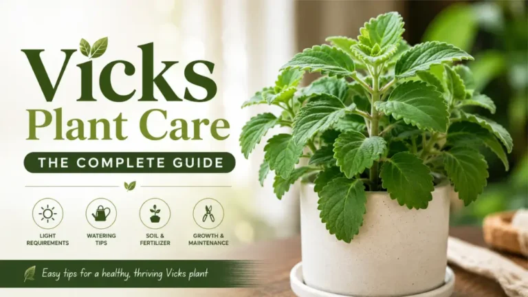 Vicks plant care guide featuring a lush Vicks plant with healthy green leaves in a pot.