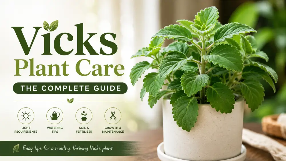 Vicks plant care guide featuring a lush Vicks plant with healthy green leaves in a pot.