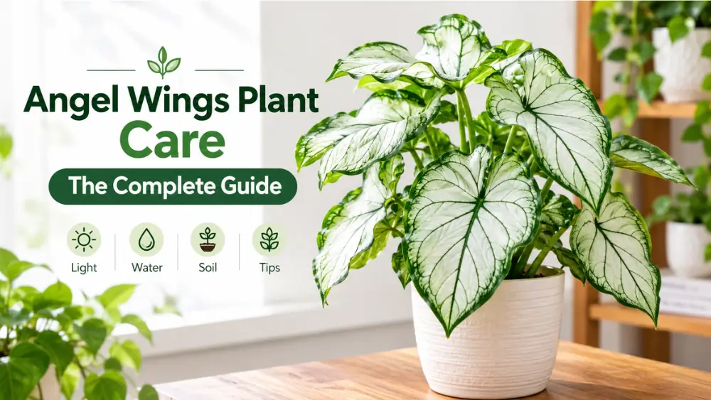 Angel Wings plant care guide featuring a lush variegated plant in a white pot.