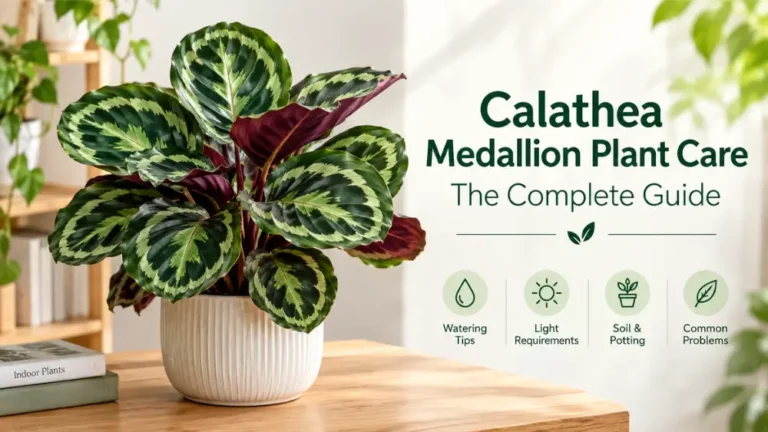 Calathea Medallion plant care guide with lush patterned leaves in a decorative indoor pot.