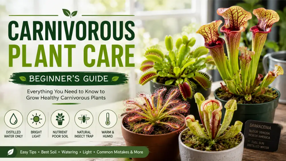 Carnivorous plant care guide with Venus flytrap, pitcher plants, and sundew indoors
