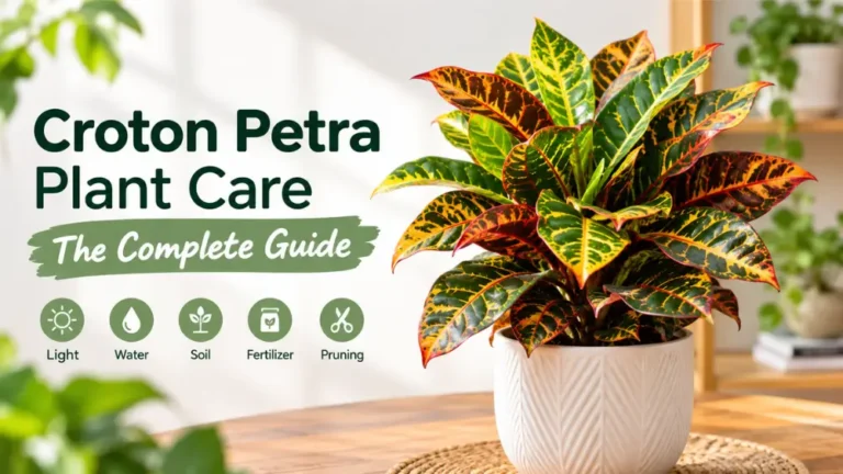 Croton Petra plant care guide featuring a colorful variegated croton plant in a white pot.