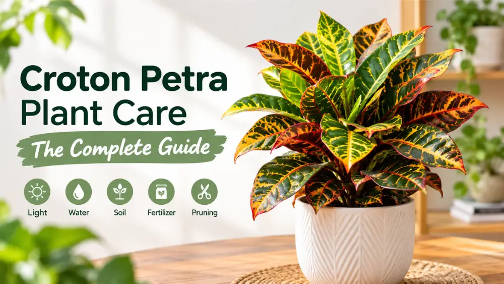 Croton Petra plant care guide featuring a colorful variegated croton plant in a white pot.