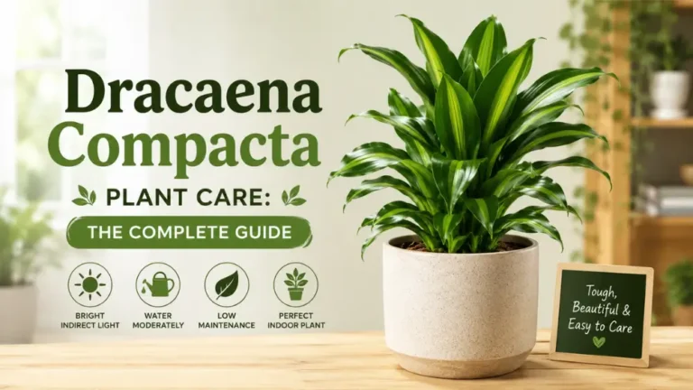 Dracaena Compacta plant in a pot with complete indoor plant care guide text.