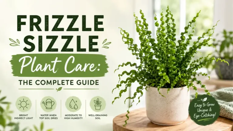 Frizzle Sizzle plant care guide featuring a curly-leaved plant in a ceramic pot.