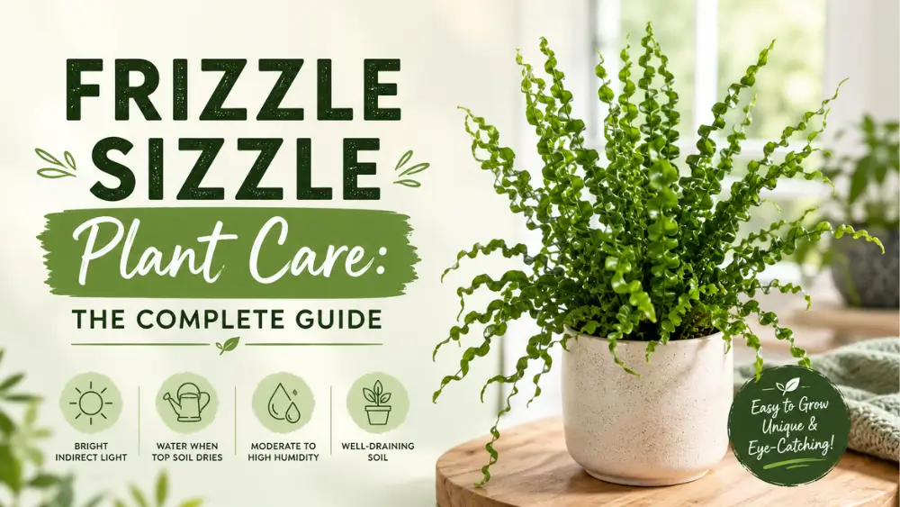 Frizzle Sizzle plant care guide featuring a curly-leaved plant in a ceramic pot.
