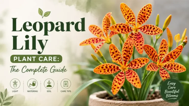 Leopard Lily plant with spotted orange flowers in a pot, featured in a complete care guide