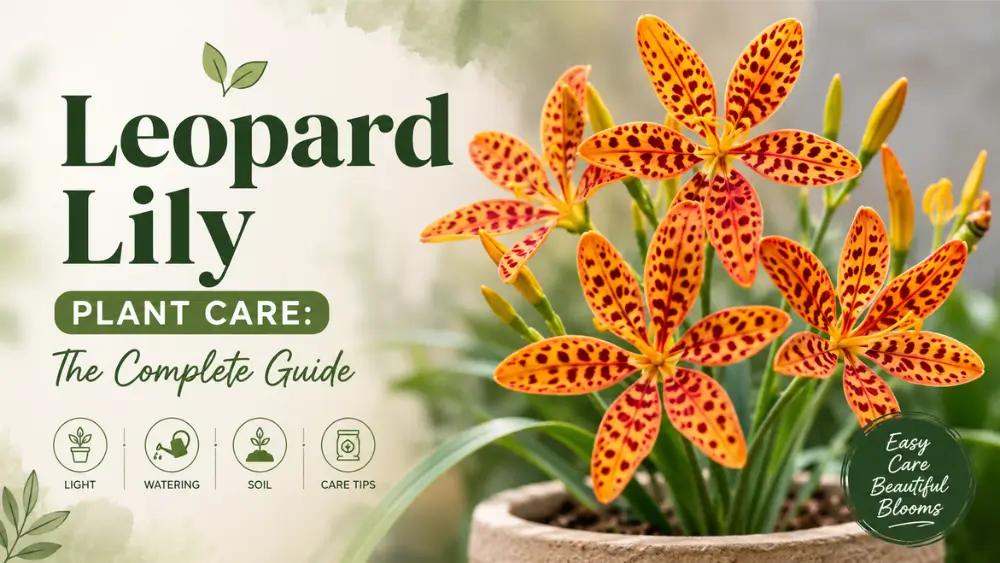 Leopard Lily plant with spotted orange flowers in a pot, featured in a complete care guide