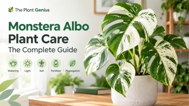 Monstera Albo plant care guide featuring a variegated Monstera with green and white leaves.