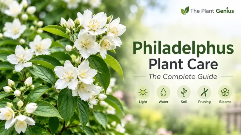 Philadelphus plant care with white flowers, green leaves, and gardening guide
