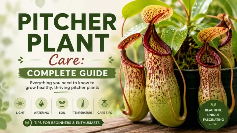 Pitcher plant with colorful hanging pitchers, featured in a complete pitcher plant care guide