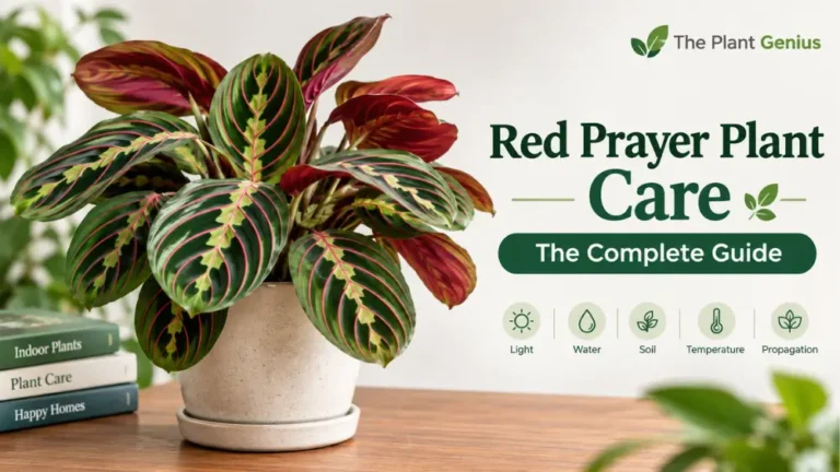 Red Prayer Plant with vibrant pink-striped leaves in a pot, illustrating a complete plant care guide.