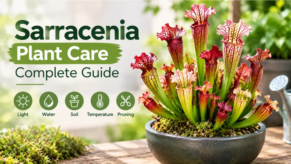Sarracenia plant with colorful pitcher leaves in a pot for easy plant care guide
