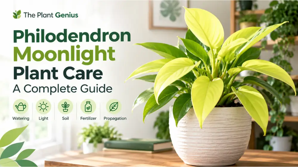 Philodendron Moonlight plant care guide featuring vibrant lime-green leaves in a white pot.